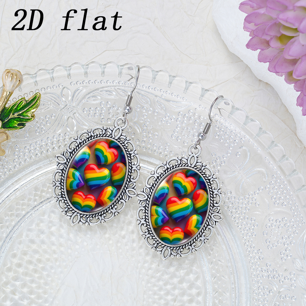Rainbow Heart Full Pattern Glass Cabochon Earrings